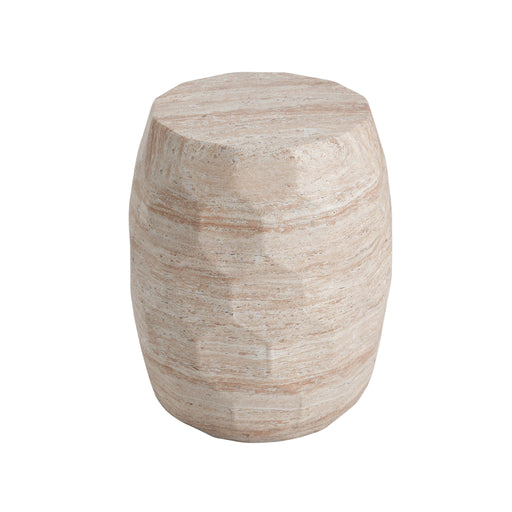 Beige travertine lightweight concrete side table by Noble House, suitable for indoor and outdoor use, showing a modern round design.