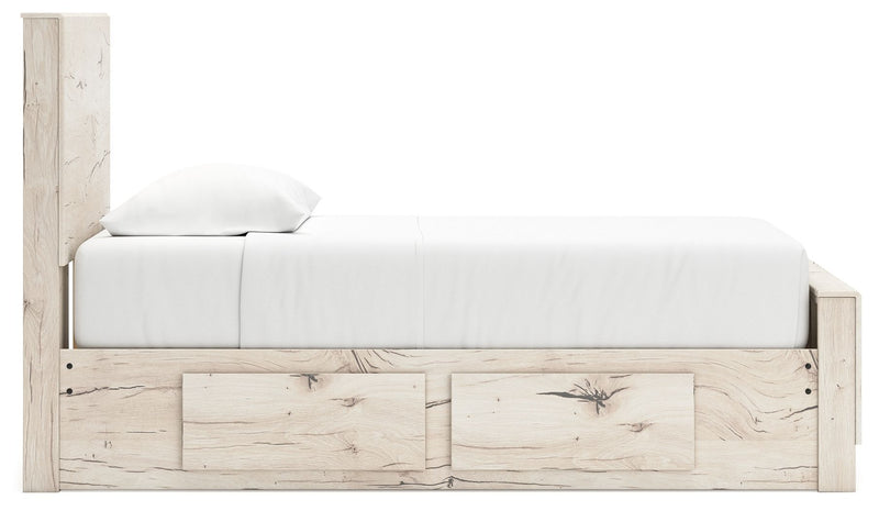 Signature Design by Ashley Lawroy panel storage bed with built-in drawers and a contemporary wood finish.