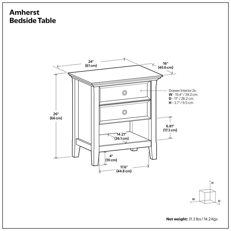 Handcrafted Amherst bedside table by Simpli-Home featuring a wooden finish and a single drawer for bedside storage.