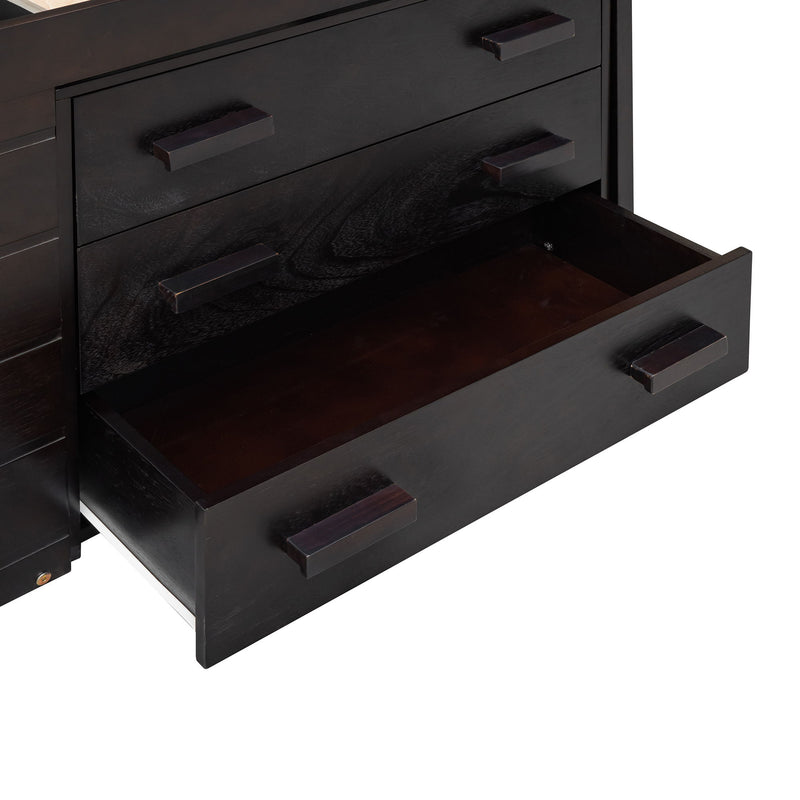 DreamHaus loft bed with integrated cabinet and shelf, showcasing a modern wooden frame and functional storage design.