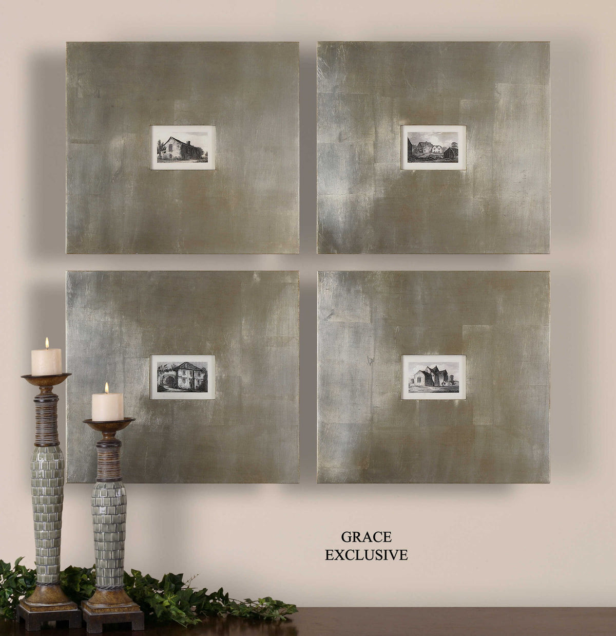 Historical Buildings - Framed Art (Set of 4) - Silver