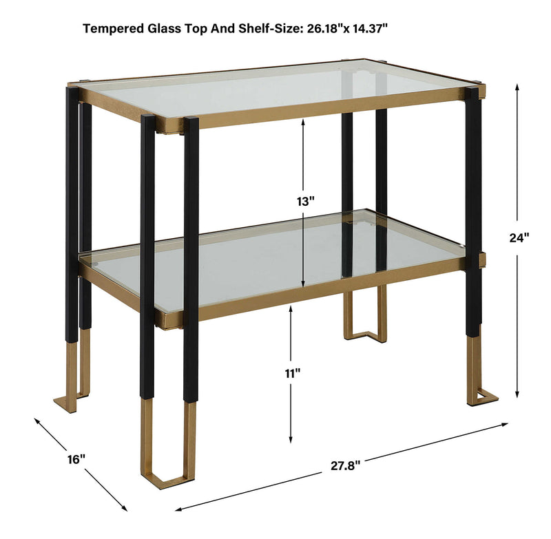 Uttermost Kentmore glass console table with sleek metal frame and clear glass top for modern home decor.