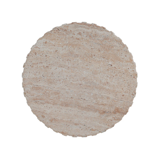 Elegant beige Noble House concrete side table with travertine top, suitable for outdoor and indoor use, lightweight and stylish.