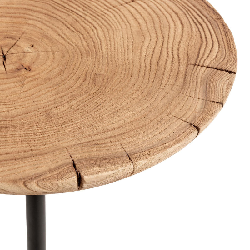 Classic Home Linden end table with natural wood top and black metal frame, modern design for living room or bedroom decor.