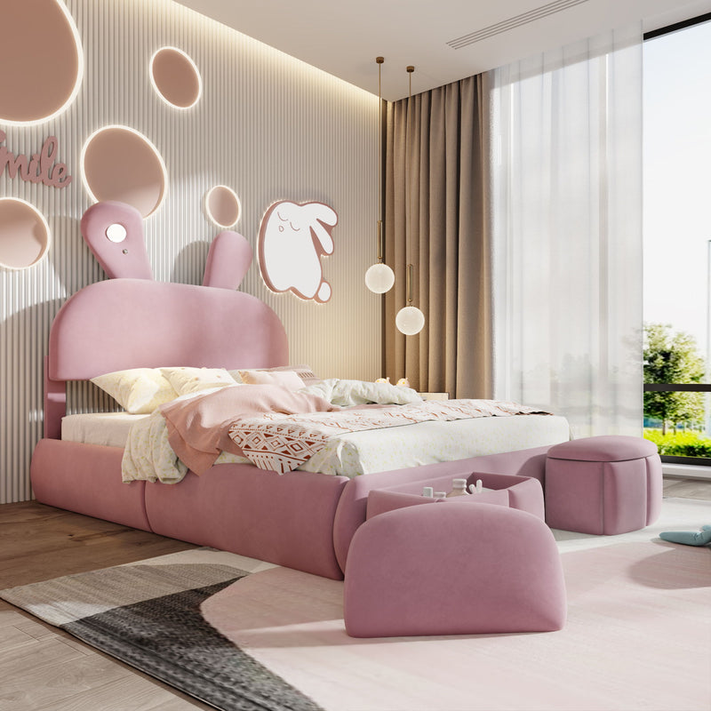Full Upholstered Platform Bed With Cartoon Ears Headboard And LED Light - Pink - R&R Furniture Gallery (Fountain Valley, CA)
