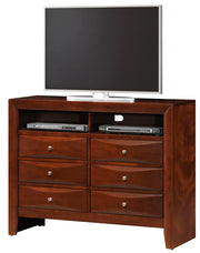 Glory Furniture Marilla media chest with multiple drawers and a sleek finish, ideal for TV and media storage in living rooms.