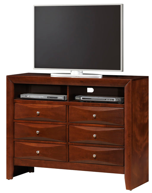 Glory Furniture Marilla media chest with multiple drawers and a sleek finish, ideal for TV and media storage in living rooms.