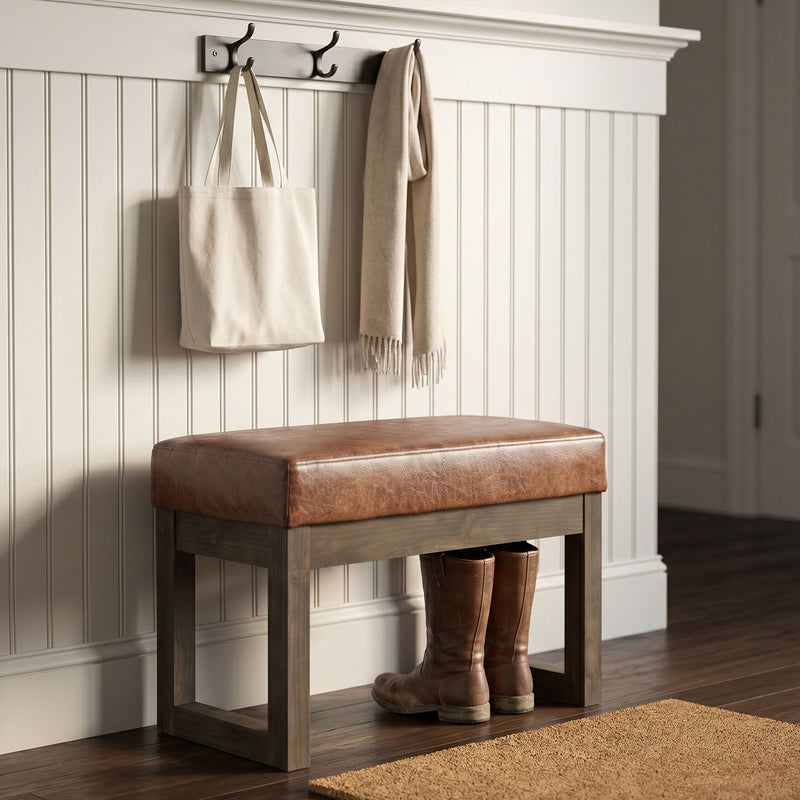 Simpli-Home Milltown upholstered ottoman bench with soft fabric and wooden legs, ideal for living room or bedroom seating.