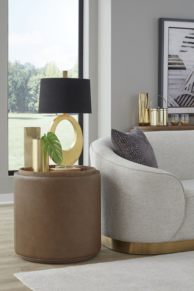 Modus Yeal leather upholstered storage end table with wooden tray top, featuring a sleek standalone design and compact size.