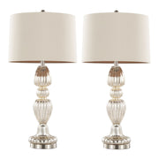 Pair of Lumi Source contemporary table lamps with mercury, nickel, and natural finishes, featuring sleek spade-shaped bases.