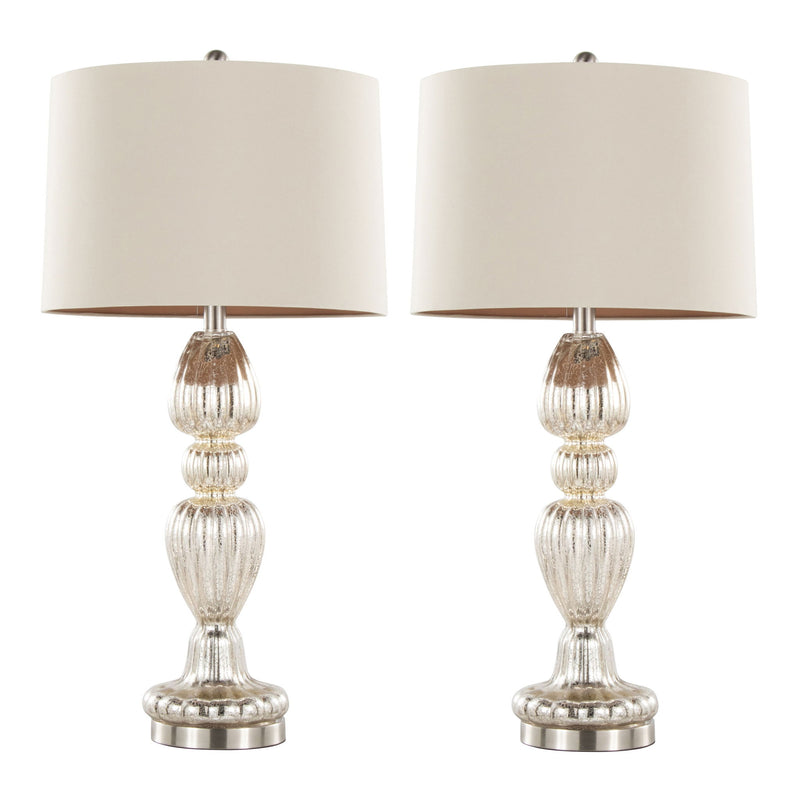 Pair of Lumi Source contemporary table lamps with mercury, nickel, and natural finishes, featuring sleek spade-shaped bases.