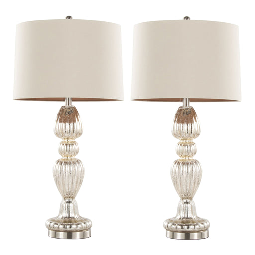 Pair of Lumi Source contemporary table lamps with mercury, nickel, and natural finishes, featuring sleek spade-shaped bases.