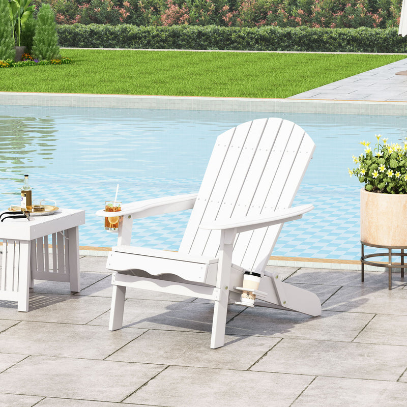 Noble House Zenithia outdoor foldable Adirondack arm chair with two cup holders, made of durable material for outdoor relaxation.