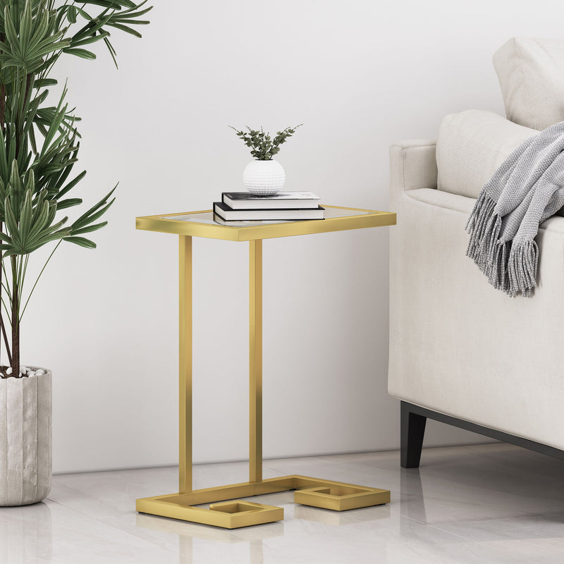 Modern Glam C-shaped end table with gold finish and tempered glass top, designed as a stylish chair side table by Noble House.
