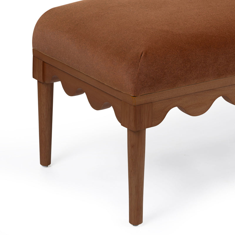 TOV Furniture Oodle vegan mohair bench with walnut wood legs, upholstered seat, modern design and plush texture.