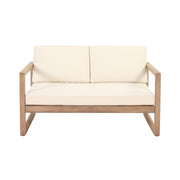 Noble House 4-piece acacia wood outdoor patio furniture set with beige cushions, includes chairs and coffee table for backyard or porch.