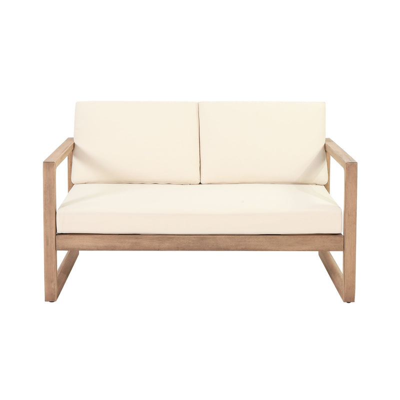 Noble House 4-piece acacia wood outdoor patio furniture set with beige cushions, includes chairs and coffee table for backyard or porch.