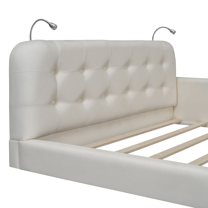 Queen Size Upholstered Platform Bed With 2 Reading Lights - White - R&R Furniture Gallery (Fountain Valley, CA)
