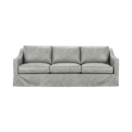 Classic Home Kipton upholstered stationary sofa with plush fabric and cushioned backrest, shown in a cozy living room setting.