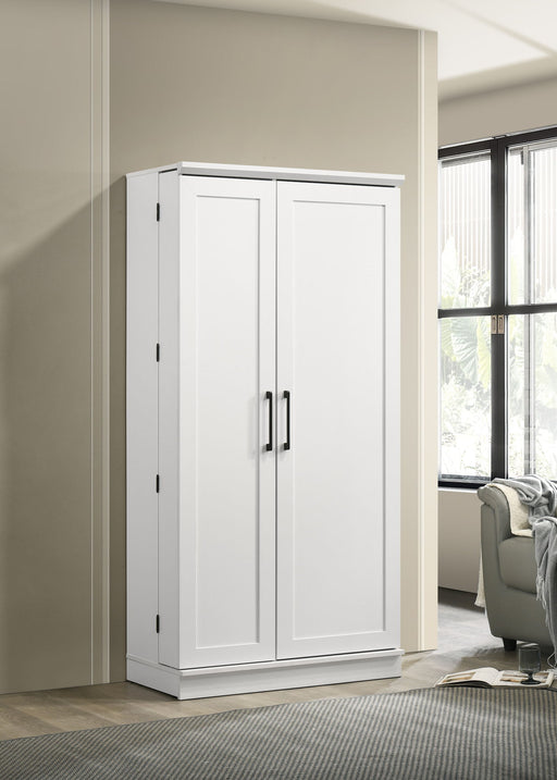 Lincoln Tall Storage Cabinet by Lilola Home, white accent cabinet with swing-out door and cord access, 71-inch framed panel design.