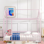 Halcyon Home metal house bed frame with canopy and fence, sturdy metal construction suitable for children's bedroom or play area.