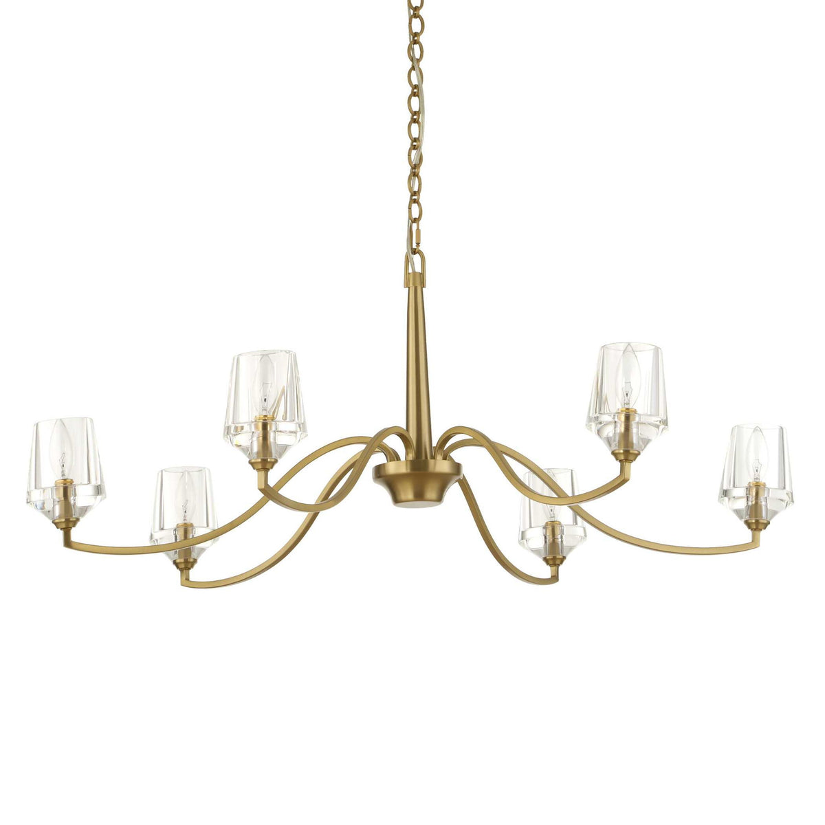 Uttermost Barcelona 6-light brass chandelier with gold finish, featuring elegant curved arms and classic design.