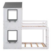 Wood bunk bed with roof, window, guardrail, and ladder from DreamHaus, featuring a cozy sleeping area and safety components.