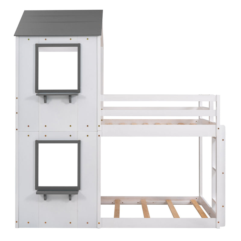 Wood bunk bed with roof, window, guardrail, and ladder from DreamHaus, featuring a cozy sleeping area and safety components.