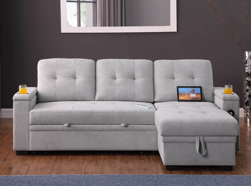 Ashlyn II - 84"W Woven Fabric Reversible Sleeper Sectional Sofa with Storage Chaise - R&R Furniture Gallery (Fountain Valley, CA)