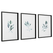 Set of three framed watercolor sage print artworks by Uttermost, featuring soft green and white botanical designs.