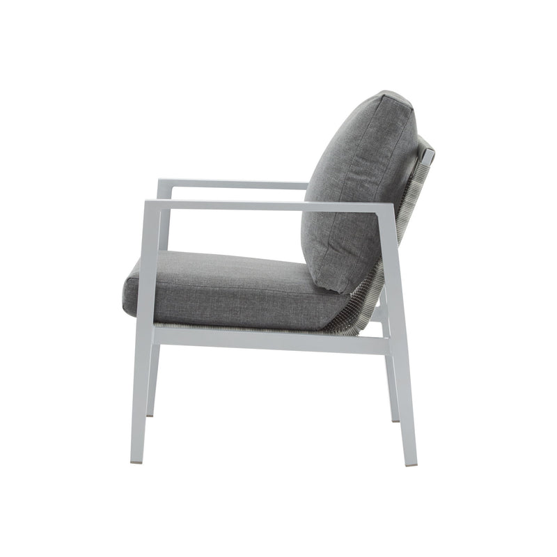 Noble House modern lounge arm chair with rope accents and cushions, featuring a sleek design and comfortable seating.