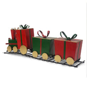 Festive red Christmas train decor with gift-shaped carriages by Noble House, ideal for holiday decorations.