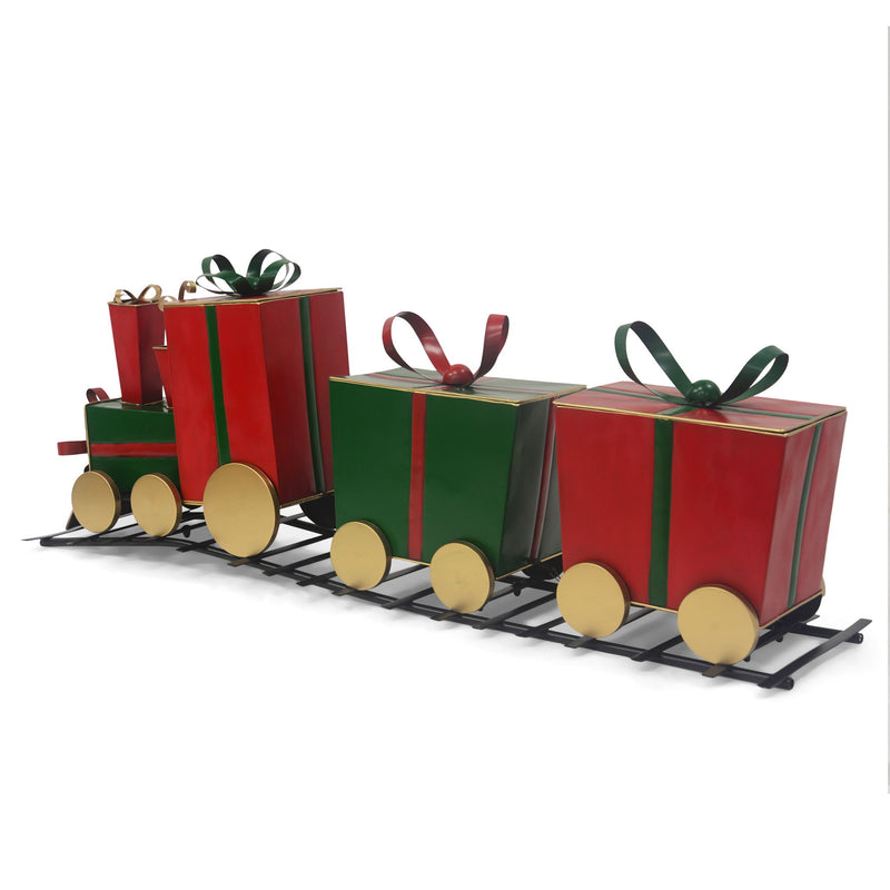 Festive red Christmas train decor with gift-shaped carriages by Noble House, ideal for holiday decorations.