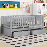 DreamHaus storage daybed with fence guardrails and two drawers, convertible into independent floor bed and daybed.