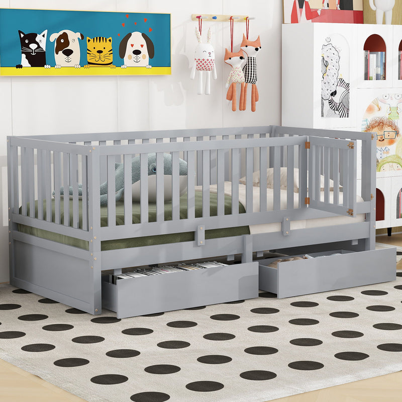 DreamHaus storage daybed with fence guardrails and two drawers, convertible into independent floor bed and daybed.
