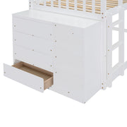 DreamHaus bunk bed with built-in four drawers and three shelves, featuring a sturdy wooden frame and space-saving design.
