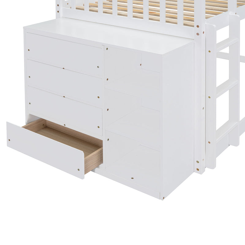 DreamHaus bunk bed with built-in four drawers and three shelves, featuring a sturdy wooden frame and space-saving design.