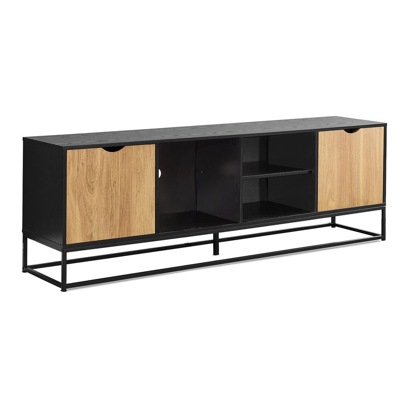 Black 8th Street TV stand with open and closed storage shelves, ideal for living room consoles and media organization.