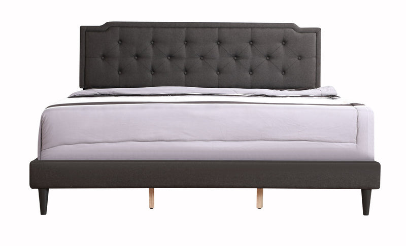 Button tufted upholstered bed by Glory Furniture, cozy design with plush fabric, perfect for comfortable bedroom spaces.