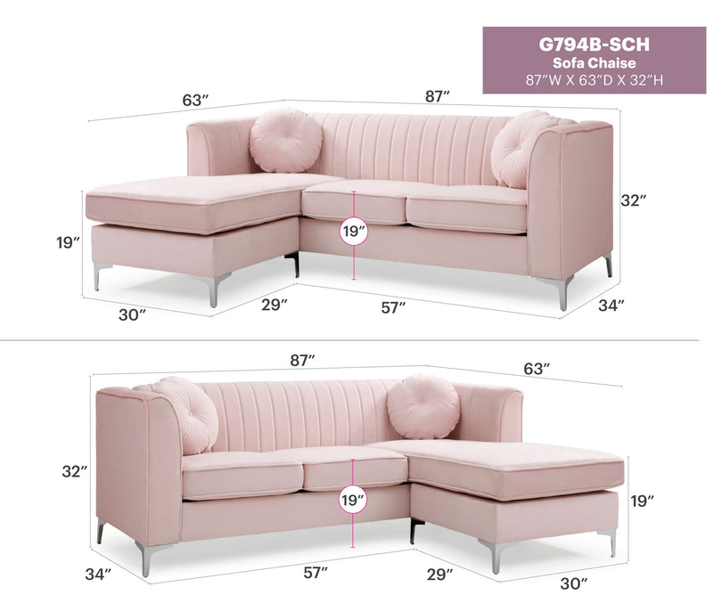 Glory Furniture Delray micro suede sofa chaise featuring a stationary sectional with plush cushions and modern design.