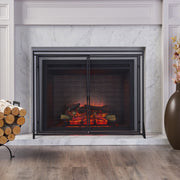 Noble House Samantha iron fireplace screen with two-door design, decorative metal framework for protecting and accenting a fireplace.