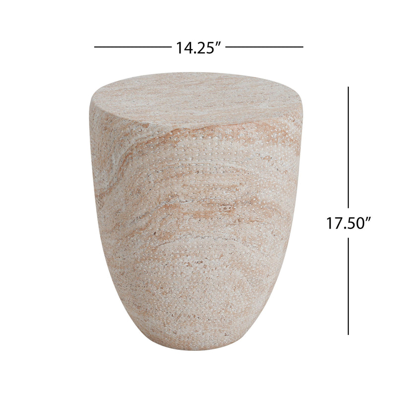 Beige Noble House concrete side table with travertine top, suitable for outdoor and indoor use, lightweight and stylish.