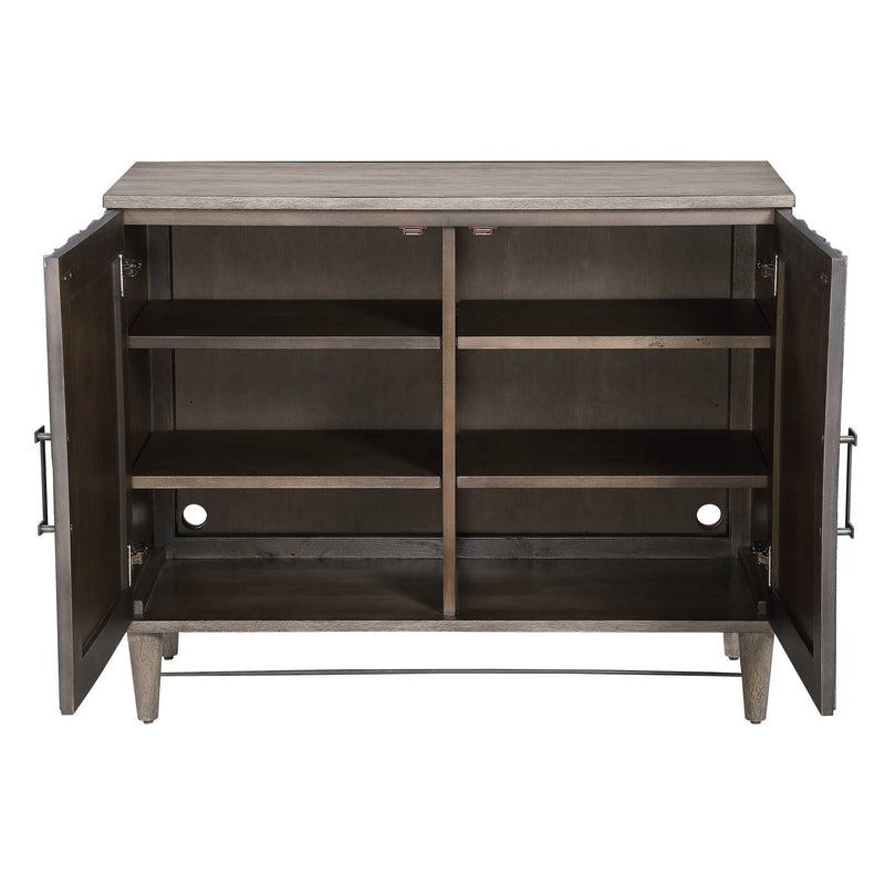 Gray Oak Shield 2-door accent cabinet by Uttermost with sleek design and storage space, ideal for modern home decor.