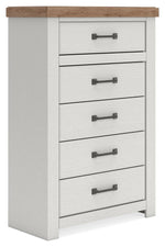 Benchcraft Savonport five drawer accent chest in white and brown with sleek drawer handles and modern design.