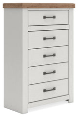 Benchcraft Savonport five drawer accent chest in white and brown with sleek drawer handles and modern design.