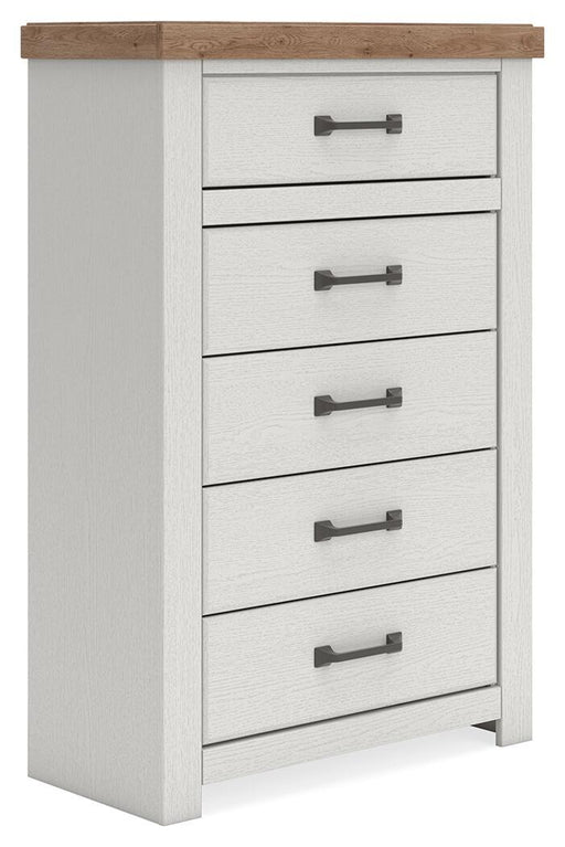 Benchcraft Savonport five drawer accent chest in white and brown with sleek drawer handles and modern design.