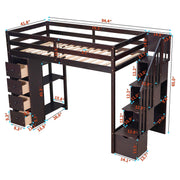 DreamHaus loft bed with built-in storage drawers, stairs, and shelves, featuring a modern design suitable for children's or teens' rooms.