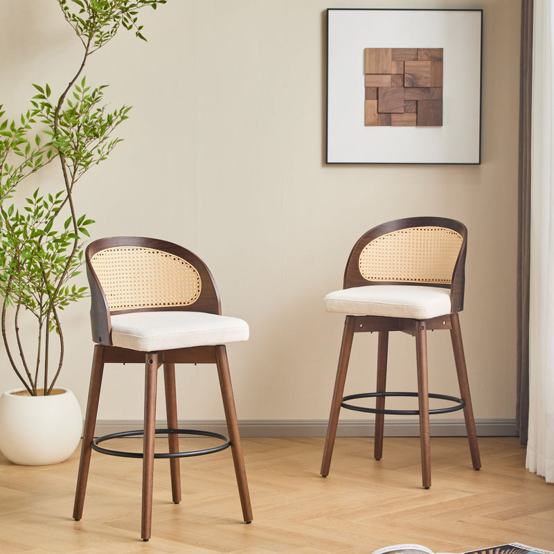 Pair of Noble House Como indoor wood barstools with sleek design and natural wood finish, suitable for kitchen or bar area.