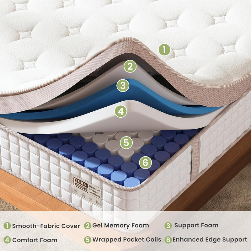 14" King Size, Firm Hybrid Mattress, Gel Memory Foam & Pocket Springs, Pressure Relief, Motion Isolation, Ergonomic Bed - White - R&R Furniture Gallery (Fountain Valley, CA)