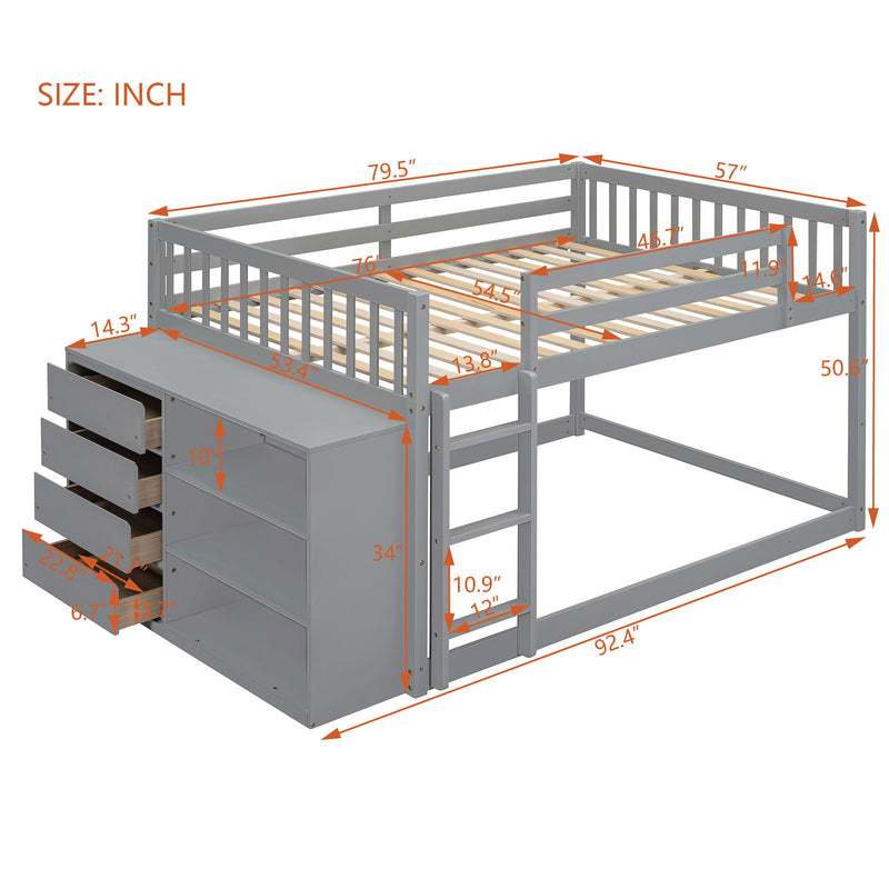 DreamHaus bunk bed with built-in four drawers and three shelves, featuring a sturdy wooden frame and space-saving design.